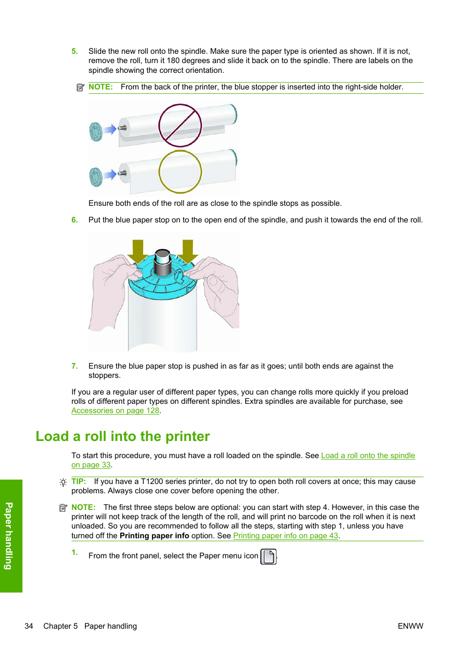 Load a roll into the printer | HP Designjet T1200 Printer series User Manual | Page 42 / 200