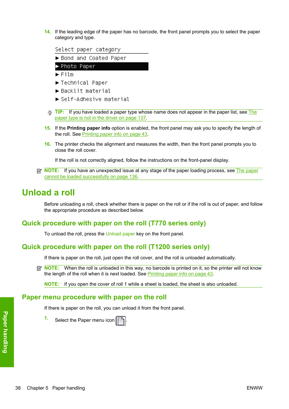 Unload a roll, Paper menu procedure with paper on the roll | HP Designjet T1200 Printer series User Manual | Page 46 / 200