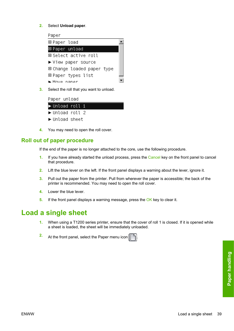 Roll out of paper procedure, Load a single sheet | HP Designjet T1200 Printer series User Manual | Page 47 / 200