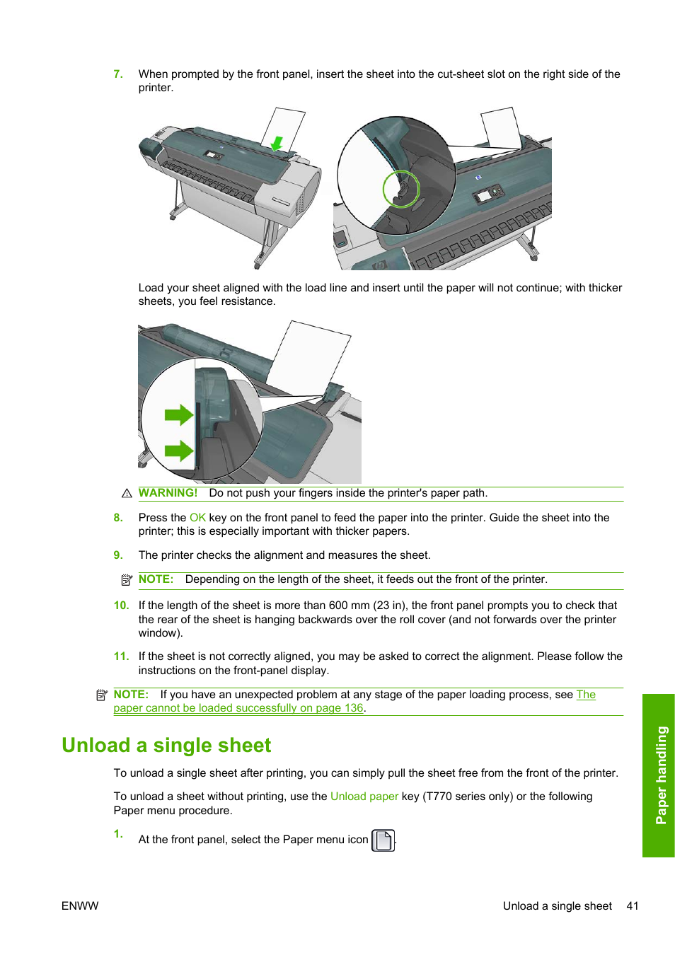 Unload a single sheet | HP Designjet T1200 Printer series User Manual | Page 49 / 200