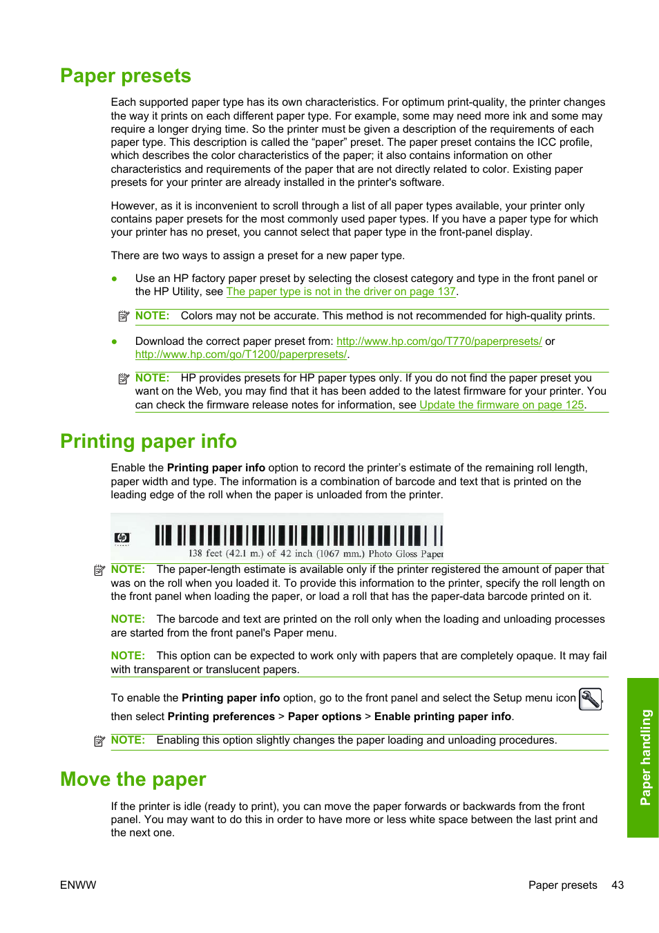 Paper presets, Printing paper info, Move the paper | Paper presets printing paper info move the paper, The roll. see | HP Designjet T1200 Printer series User Manual | Page 51 / 200