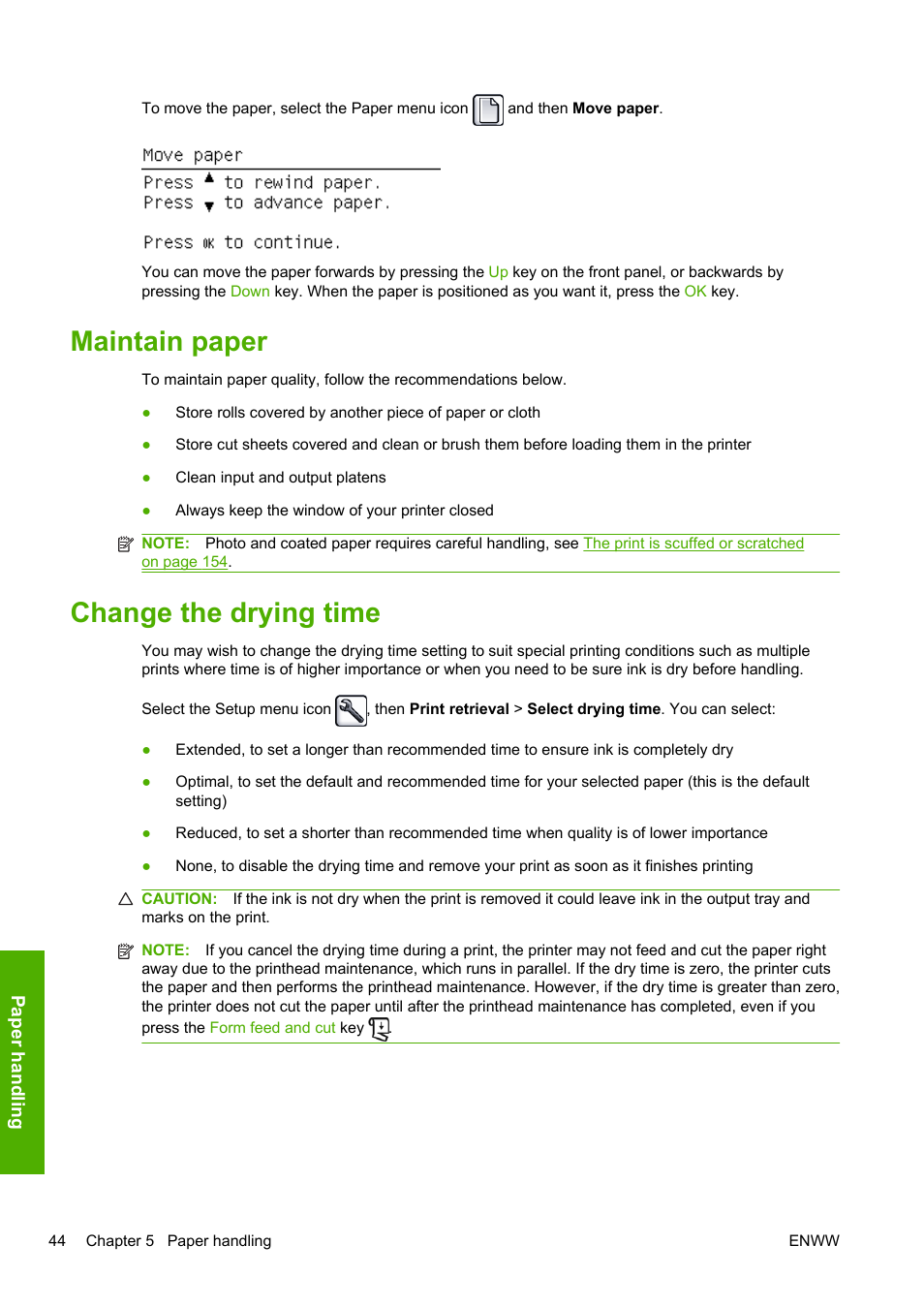 Maintain paper, Change the drying time, Maintain paper change the drying time | HP Designjet T1200 Printer series User Manual | Page 52 / 200
