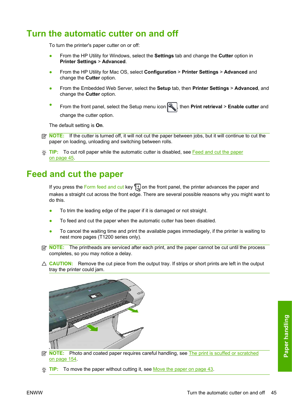 Turn the automatic cutter on and off, Feed and cut the paper | HP Designjet T1200 Printer series User Manual | Page 53 / 200