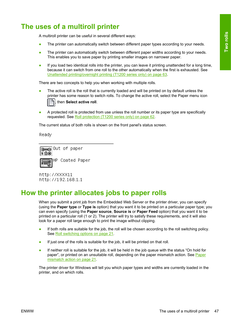 The uses of a multiroll printer, How the printer allocates jobs to paper rolls | HP Designjet T1200 Printer series User Manual | Page 55 / 200