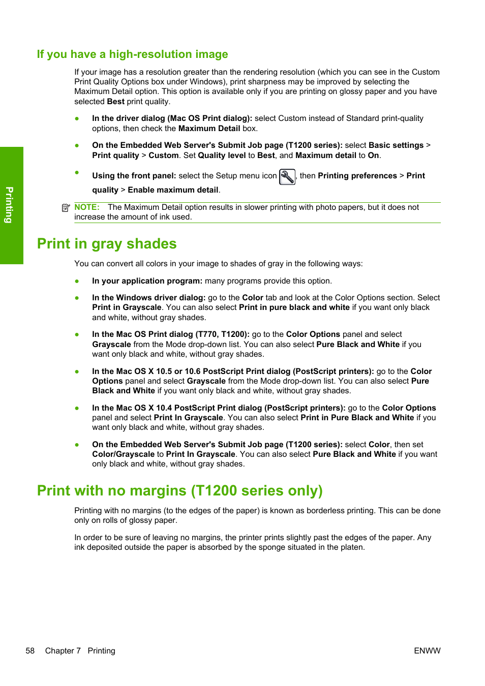 If you have a high-resolution image, Print in gray shades, Print with no margins (t1200 series only) | HP Designjet T1200 Printer series User Manual | Page 66 / 200
