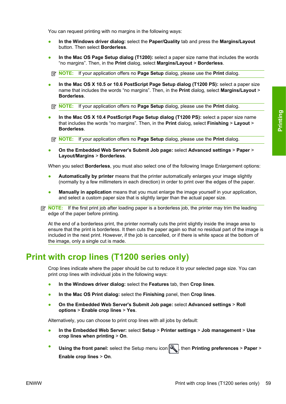 Print with crop lines (t1200 series only) | HP Designjet T1200 Printer series User Manual | Page 67 / 200