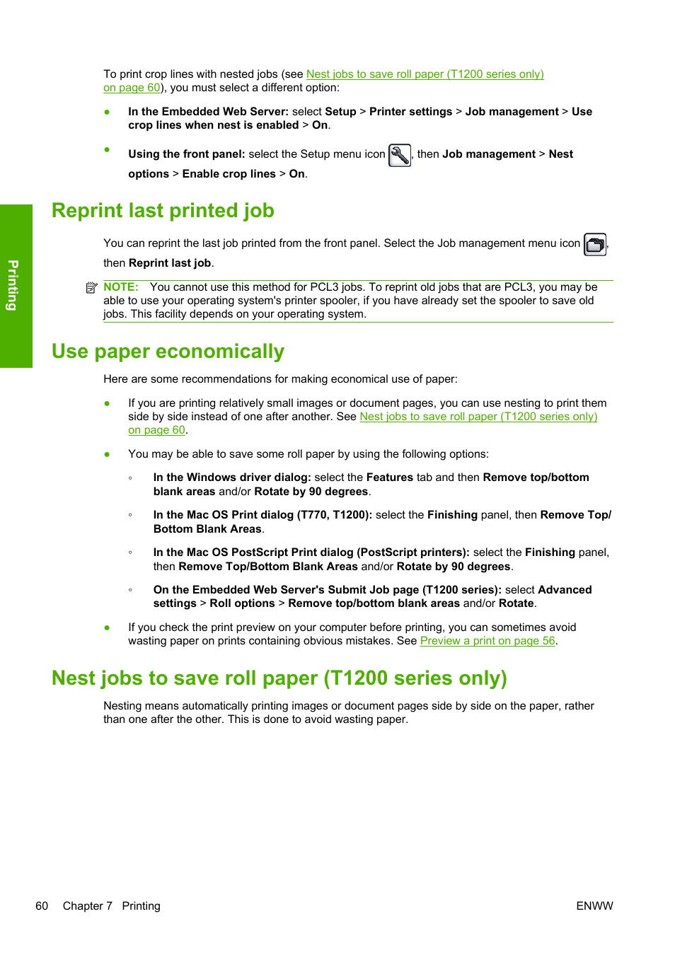 Reprint last printed job, Use paper economically, Nest jobs to save roll paper (t1200 series only) | Nest jobs to save, Nest jobs to save roll | HP Designjet T1200 Printer series User Manual | Page 68 / 200