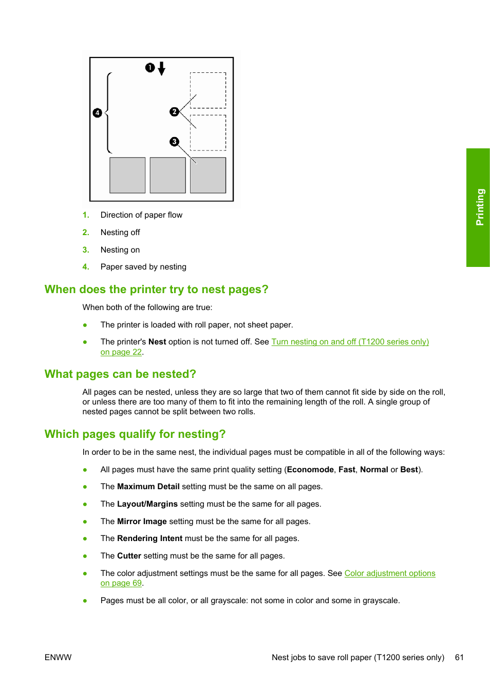 When does the printer try to nest pages, What pages can be nested, Which pages qualify for nesting | HP Designjet T1200 Printer series User Manual | Page 69 / 200
