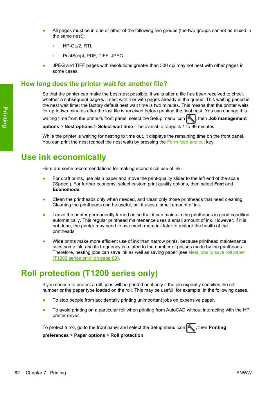 How long does the printer wait for another file, Use ink economically, Roll protection (t1200 series only) | HP Designjet T1200 Printer series User Manual | Page 70 / 200