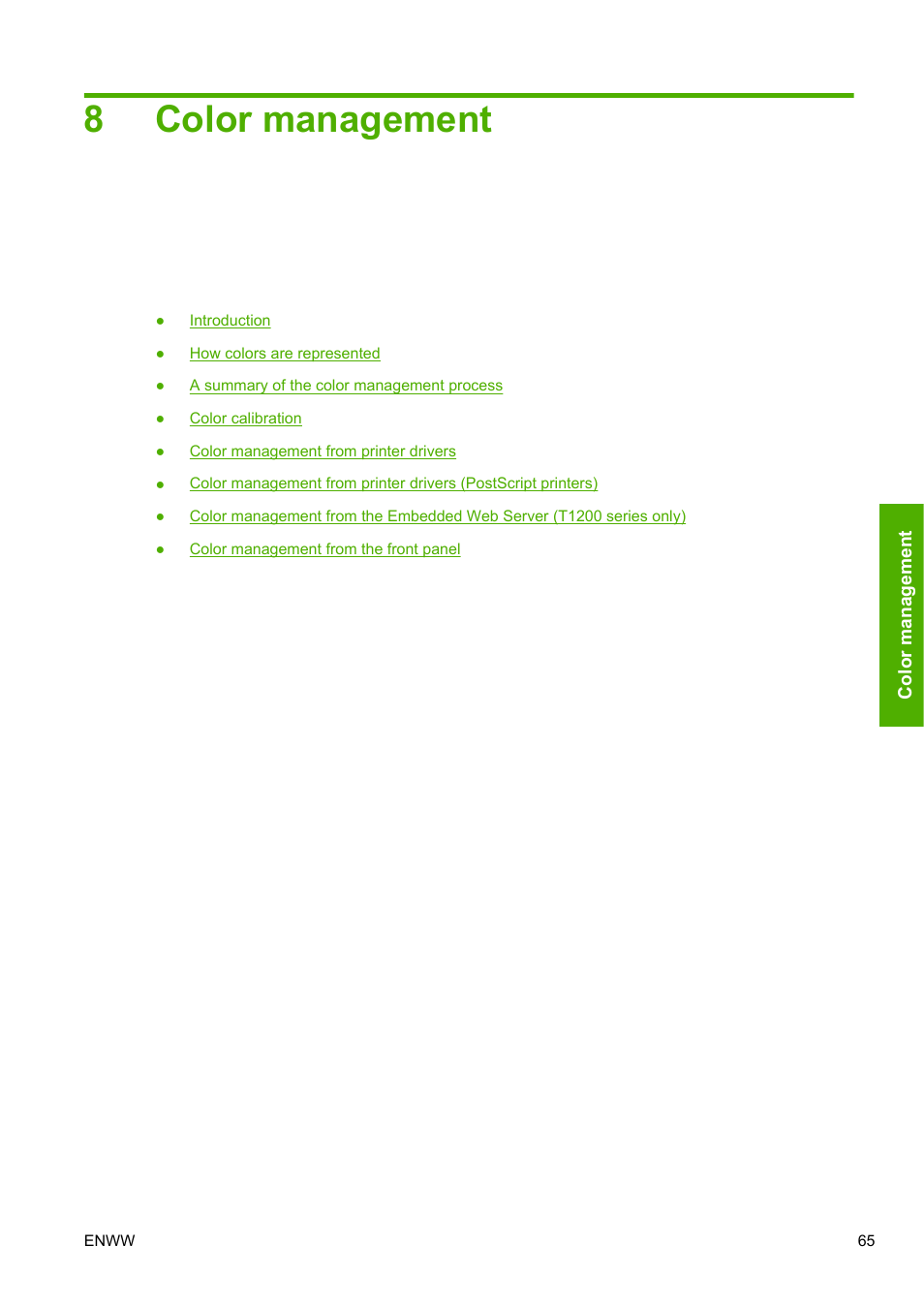 Color management, 8 color management, 8color management | HP Designjet T1200 Printer series User Manual | Page 73 / 200