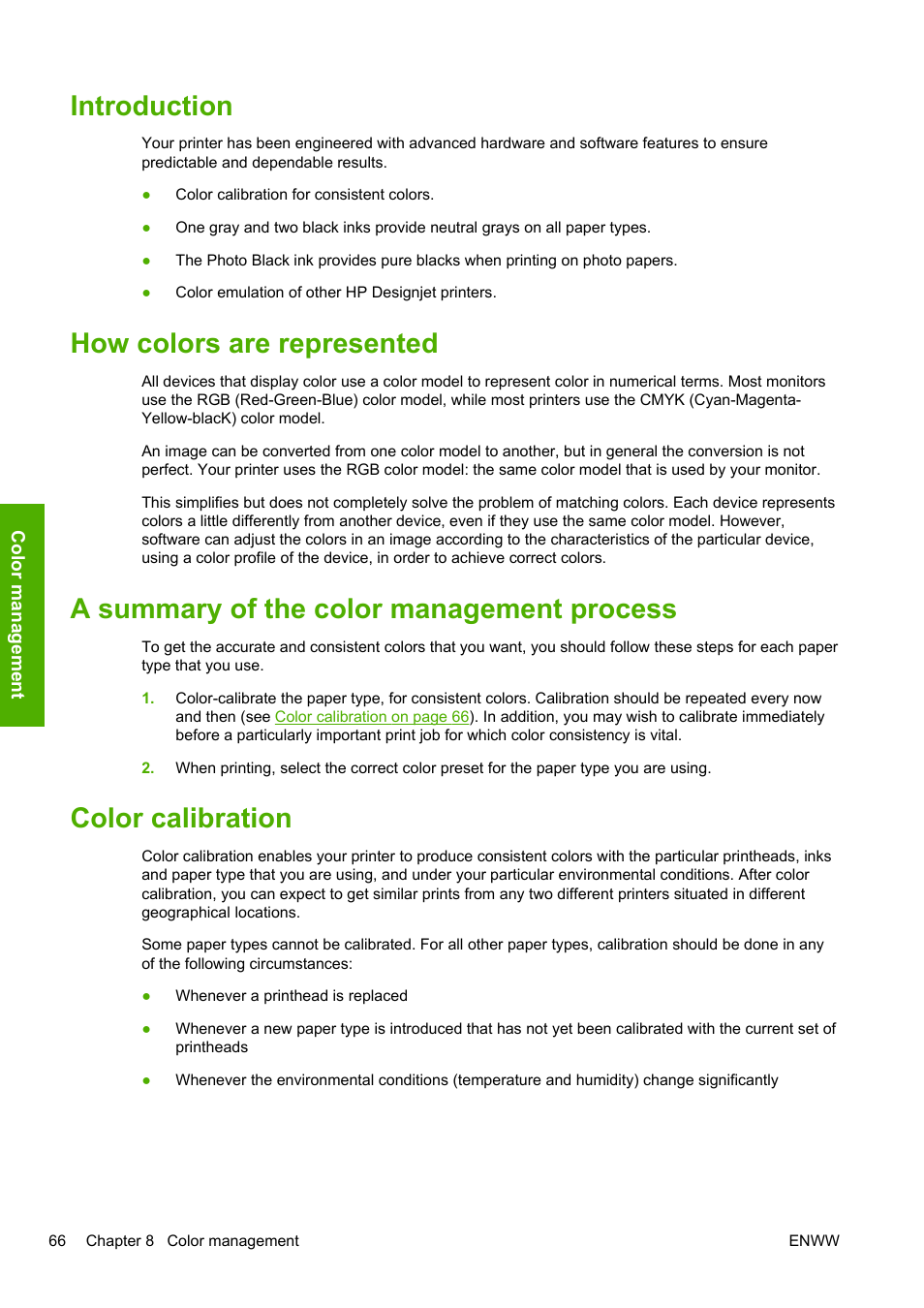 Introduction, How colors are represented, A summary of the color management process | Color calibration | HP Designjet T1200 Printer series User Manual | Page 74 / 200