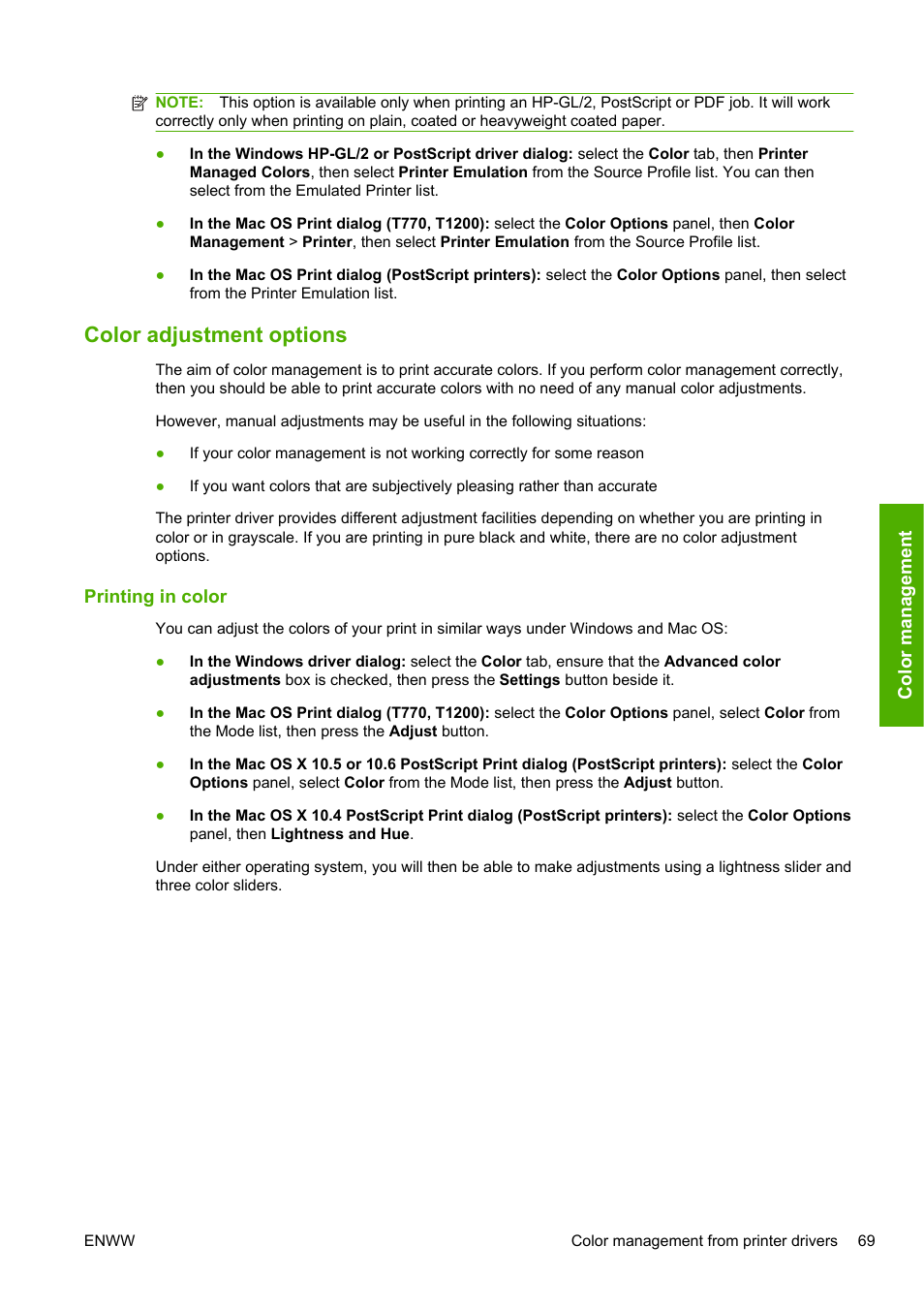 Color adjustment options, Printing in color | HP Designjet T1200 Printer series User Manual | Page 77 / 200