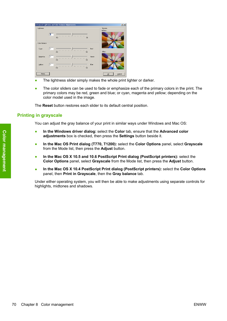 Printing in grayscale | HP Designjet T1200 Printer series User Manual | Page 78 / 200
