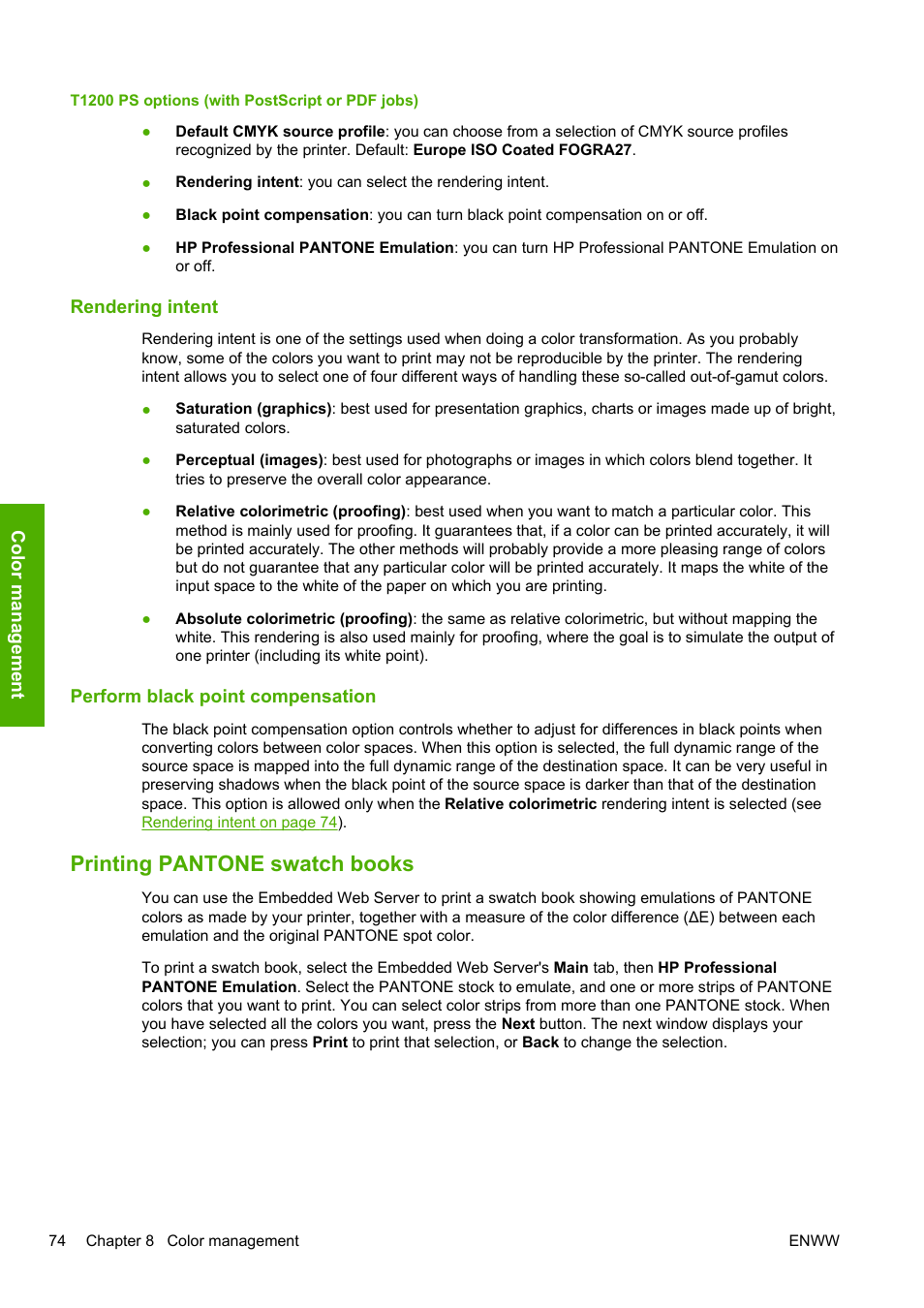 Rendering intent, Perform black point compensation, Printing pantone swatch books | Printing pantone swatch | HP Designjet T1200 Printer series User Manual | Page 82 / 200
