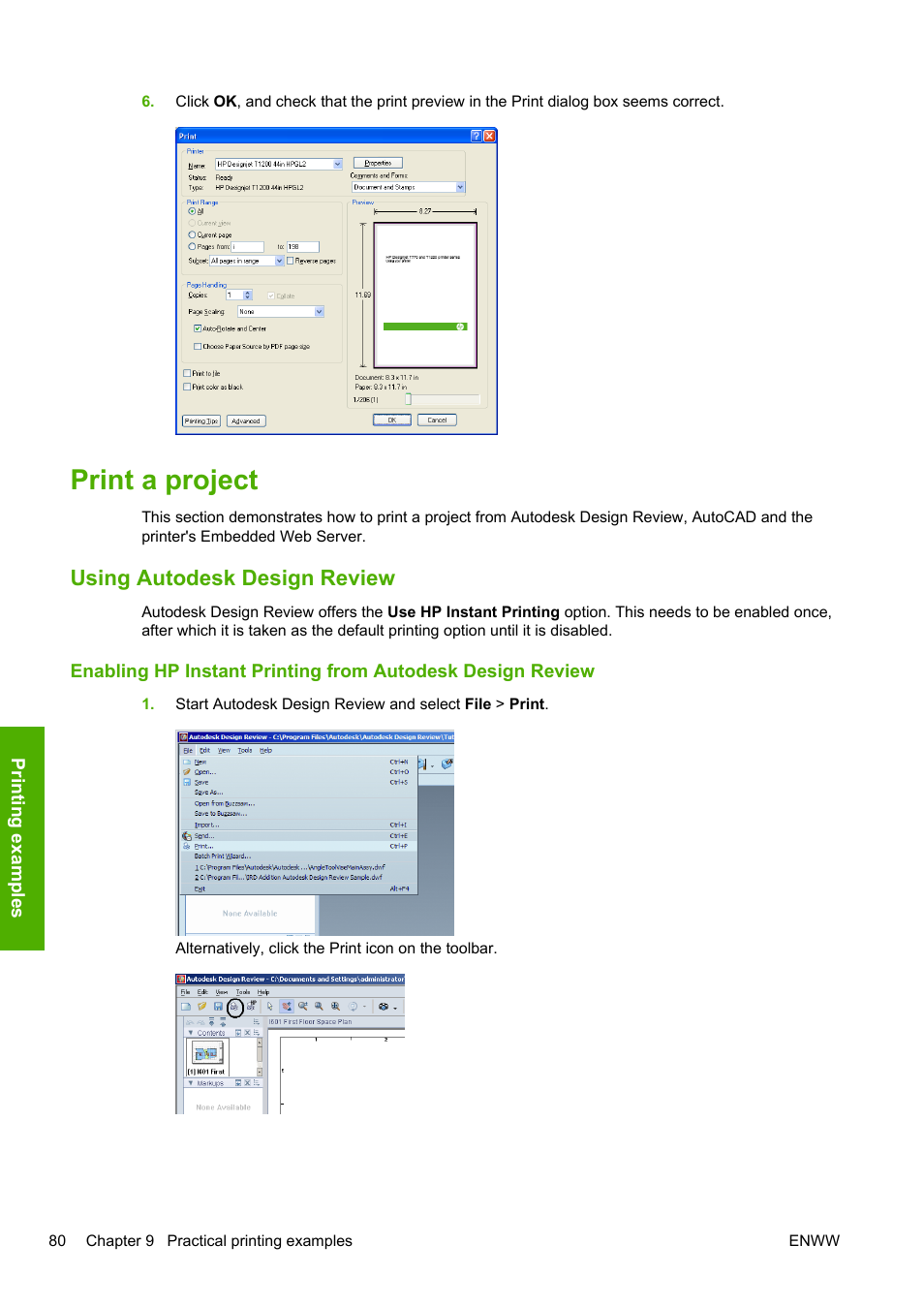 Print a project, Using autodesk design review | HP Designjet T1200 Printer series User Manual | Page 88 / 200
