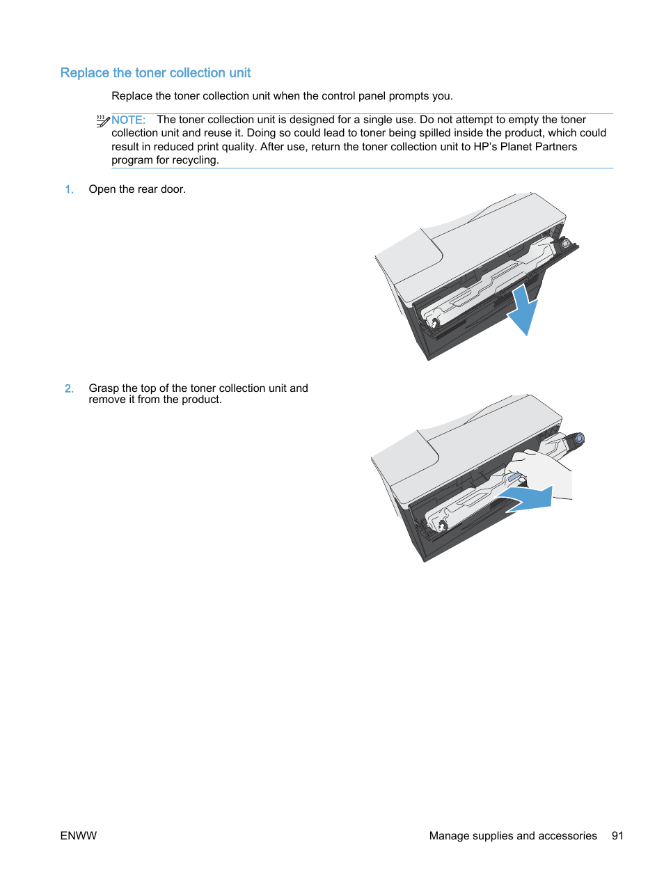 Replace the toner collection unit | HP Color LaserJet Enterprise M750 Printer series User Manual | Page 101 / 134