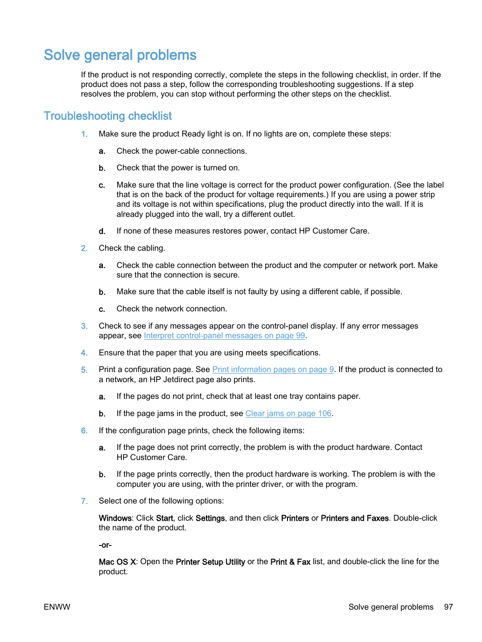 Solve general problems, Troubleshooting checklist | HP Color LaserJet Enterprise M750 Printer series User Manual | Page 107 / 134