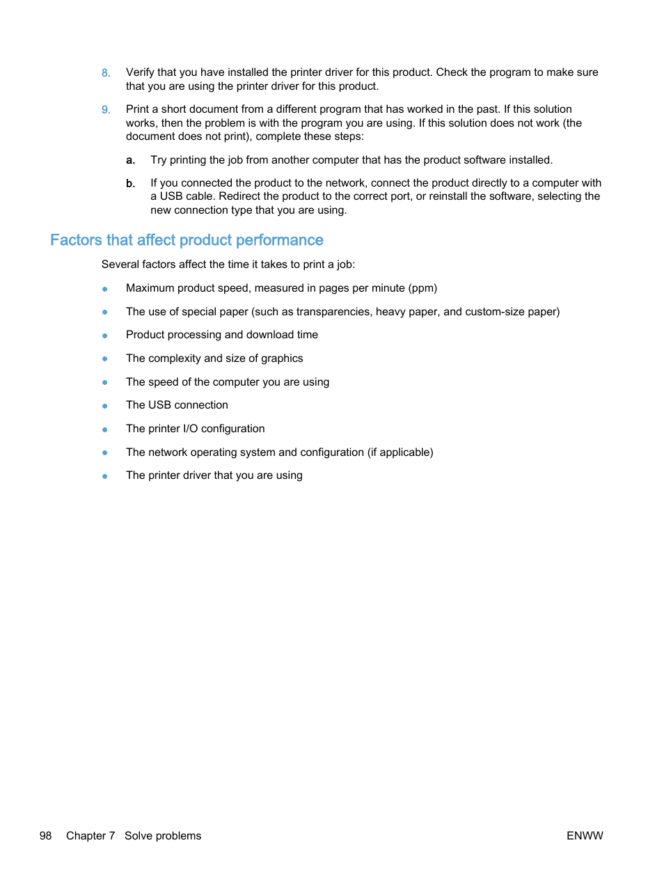 Factors that affect product performance | HP Color LaserJet Enterprise M750 Printer series User Manual | Page 108 / 134