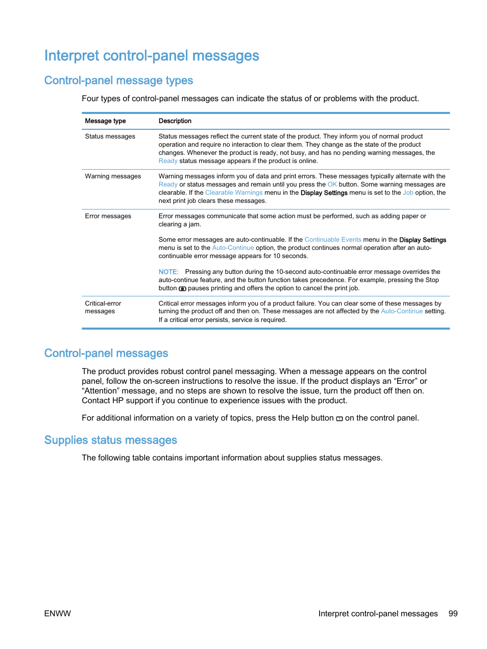Interpret control-panel messages, Control-panel message types, Control-panel messages | Supplies status messages | HP Color LaserJet Enterprise M750 Printer series User Manual | Page 109 / 134