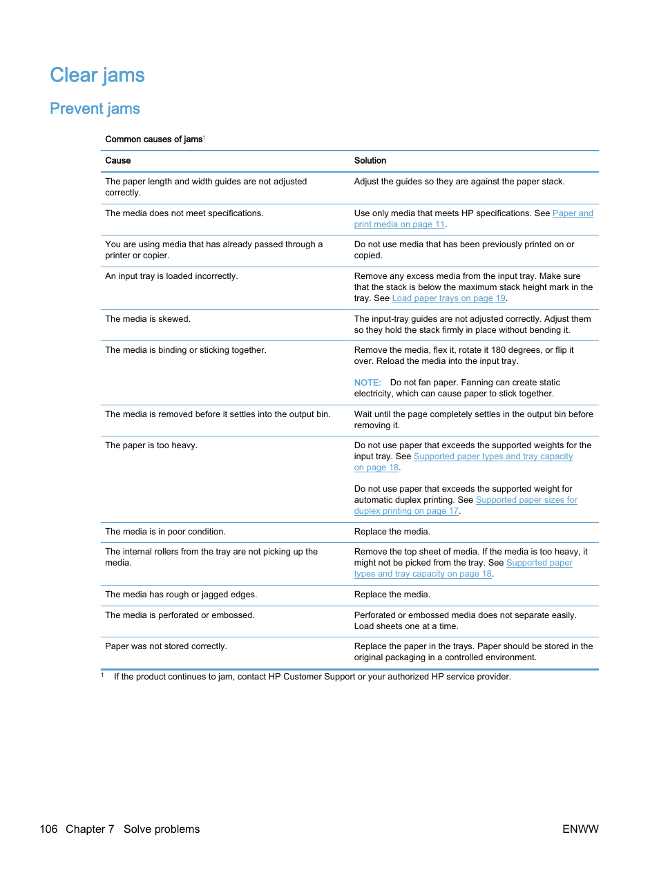 Clear jams, Prevent jams, 106 chapter 7 solve problems enww | HP Color LaserJet Enterprise M750 Printer series User Manual | Page 116 / 134