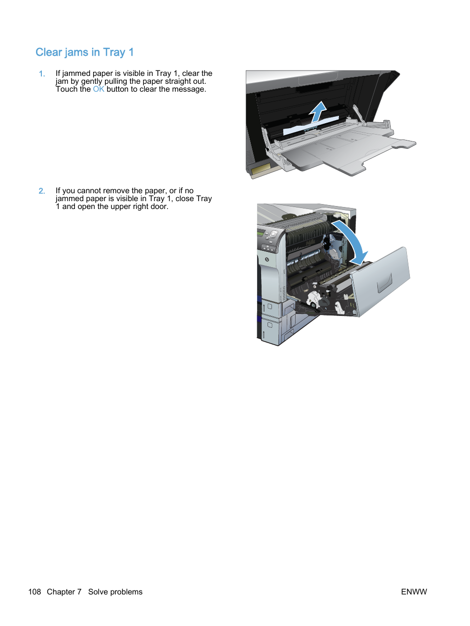 Clear jams in tray 1 | HP Color LaserJet Enterprise M750 Printer series User Manual | Page 118 / 134