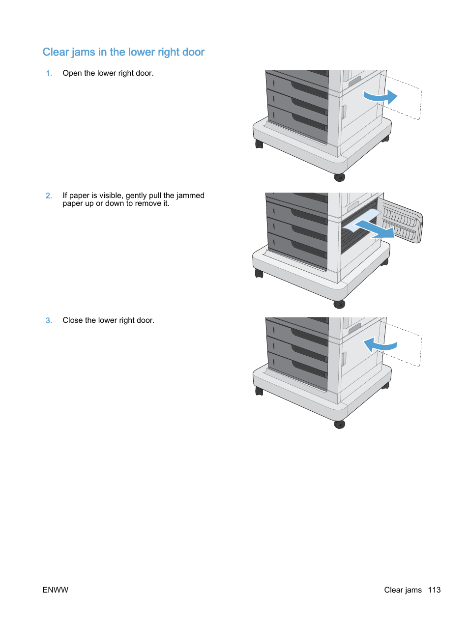 Clear jams in the lower right door | HP Color LaserJet Enterprise M750 Printer series User Manual | Page 123 / 134