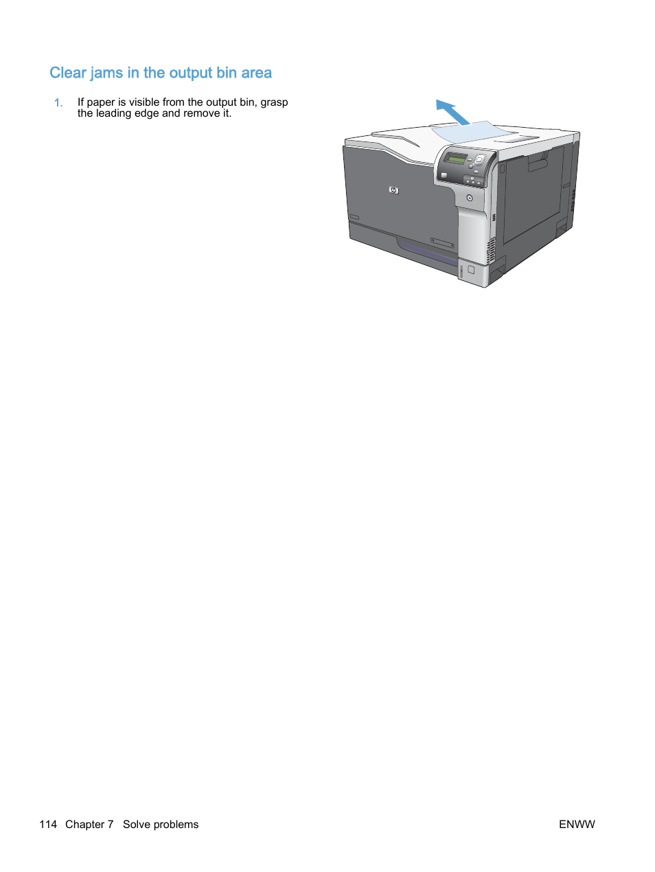 Clear jams in the output bin area | HP Color LaserJet Enterprise M750 Printer series User Manual | Page 124 / 134