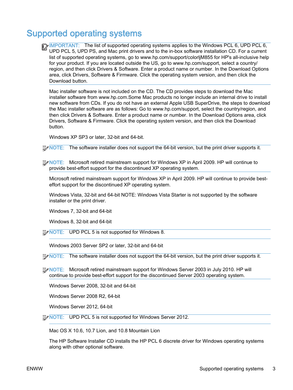 Supported operating systems | HP Color LaserJet Enterprise M750 Printer series User Manual | Page 13 / 134