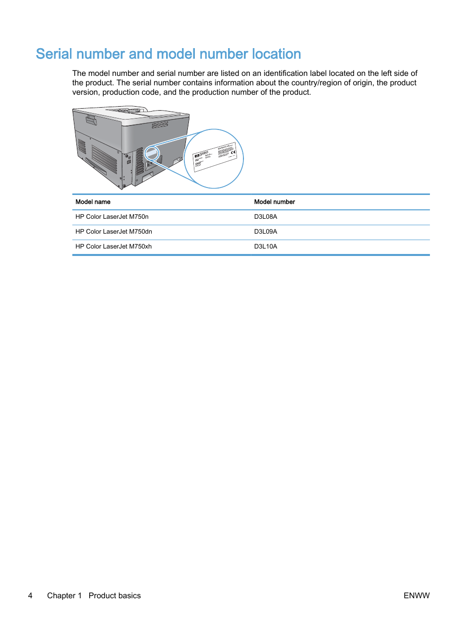 Serial number and model number location | HP Color LaserJet Enterprise M750 Printer series User Manual | Page 14 / 134