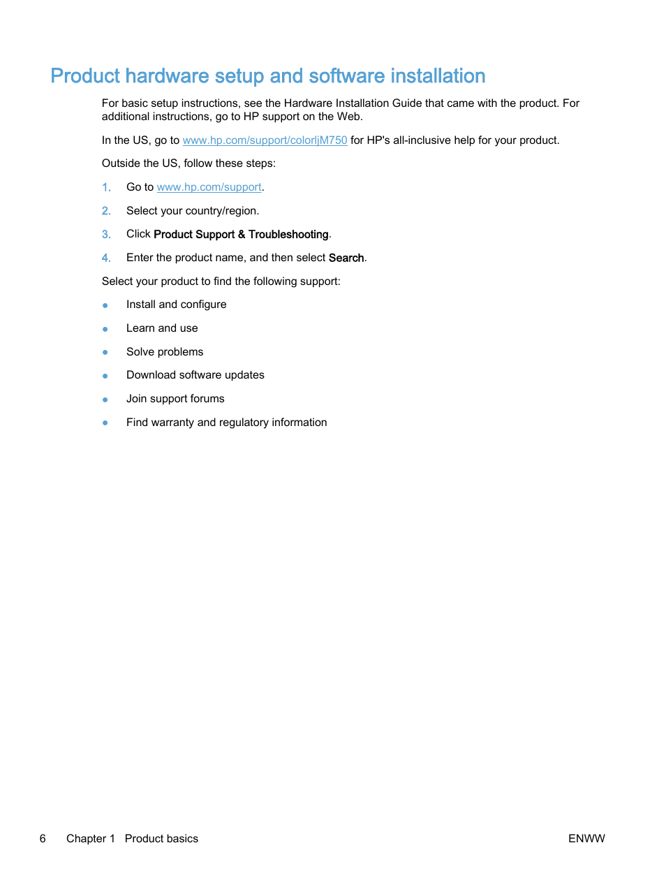 Product hardware setup and software installation | HP Color LaserJet Enterprise M750 Printer series User Manual | Page 16 / 134