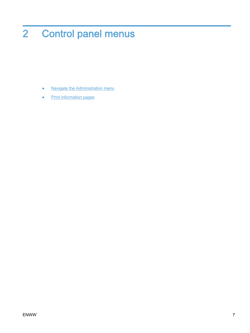 Control panel menus, 2 control panel menus | HP Color LaserJet Enterprise M750 Printer series User Manual | Page 17 / 134