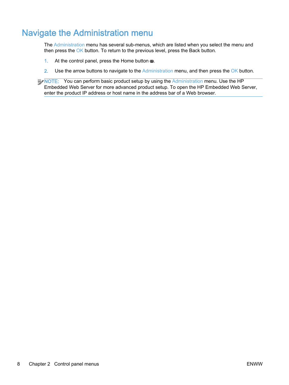 Navigate the administration menu | HP Color LaserJet Enterprise M750 Printer series User Manual | Page 18 / 134