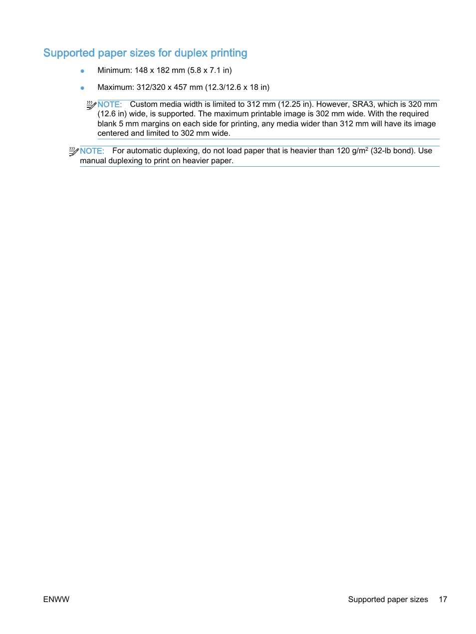 Supported paper sizes for duplex printing | HP Color LaserJet Enterprise M750 Printer series User Manual | Page 27 / 134