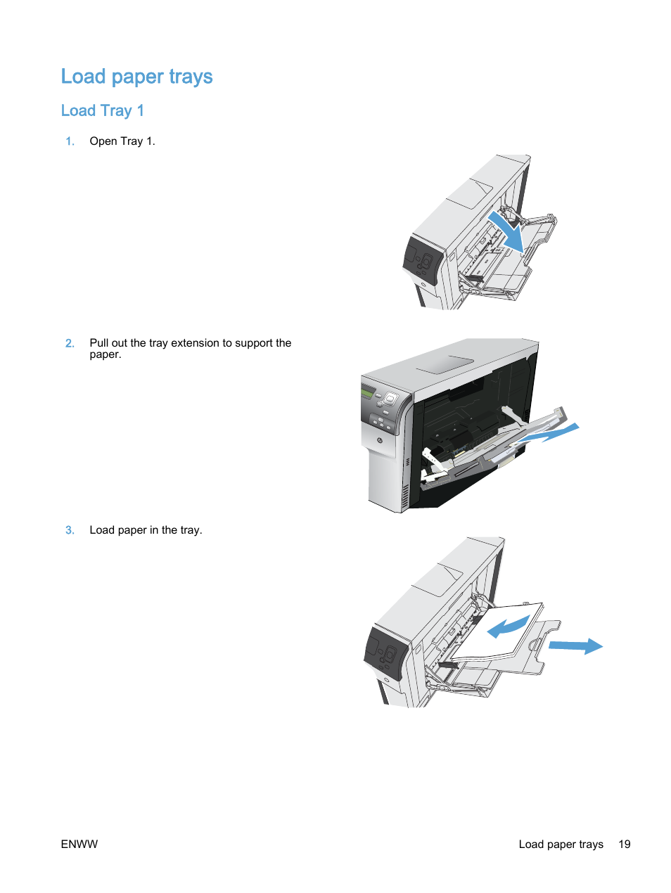 Load paper trays, Load tray 1 | HP Color LaserJet Enterprise M750 Printer series User Manual | Page 29 / 134