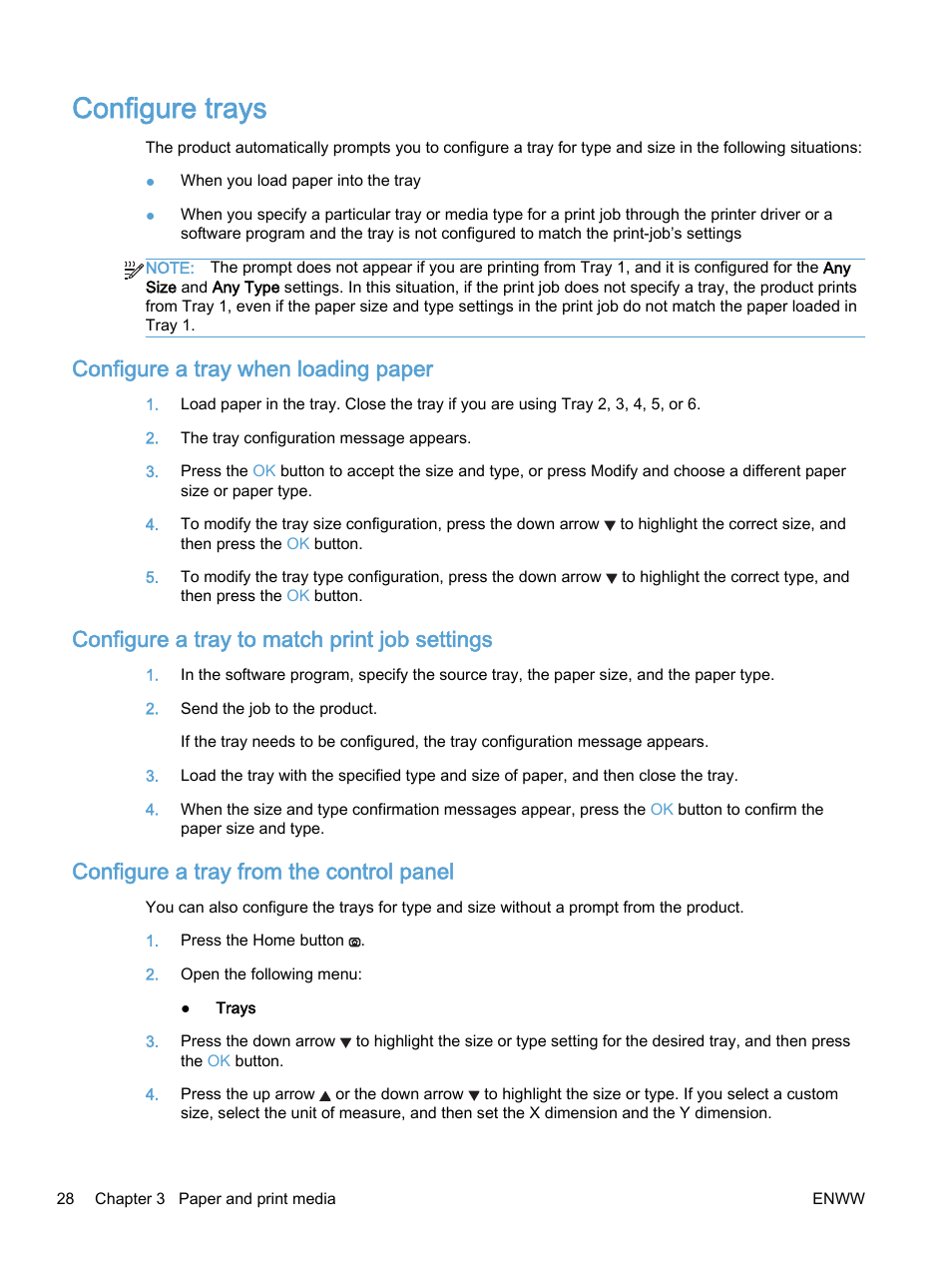 Configure trays, Configure a tray when loading paper, Configure a tray to match print job settings | Configure a tray from the control panel | HP Color LaserJet Enterprise M750 Printer series User Manual | Page 38 / 134