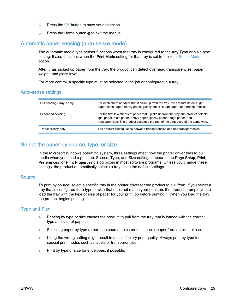 Automatic paper sensing (auto-sense mode), Auto-sense settings, Select the paper by source, type, or size | Source, Type and size, Source type and size | HP Color LaserJet Enterprise M750 Printer series User Manual | Page 39 / 134