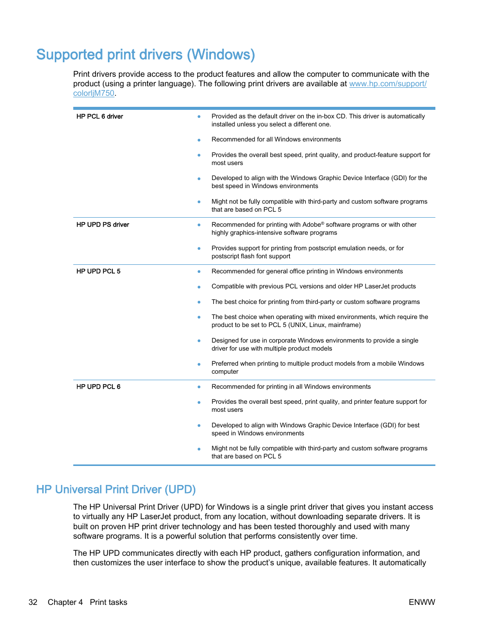 Supported print drivers (windows), Hp universal print driver (upd) | HP Color LaserJet Enterprise M750 Printer series User Manual | Page 42 / 134