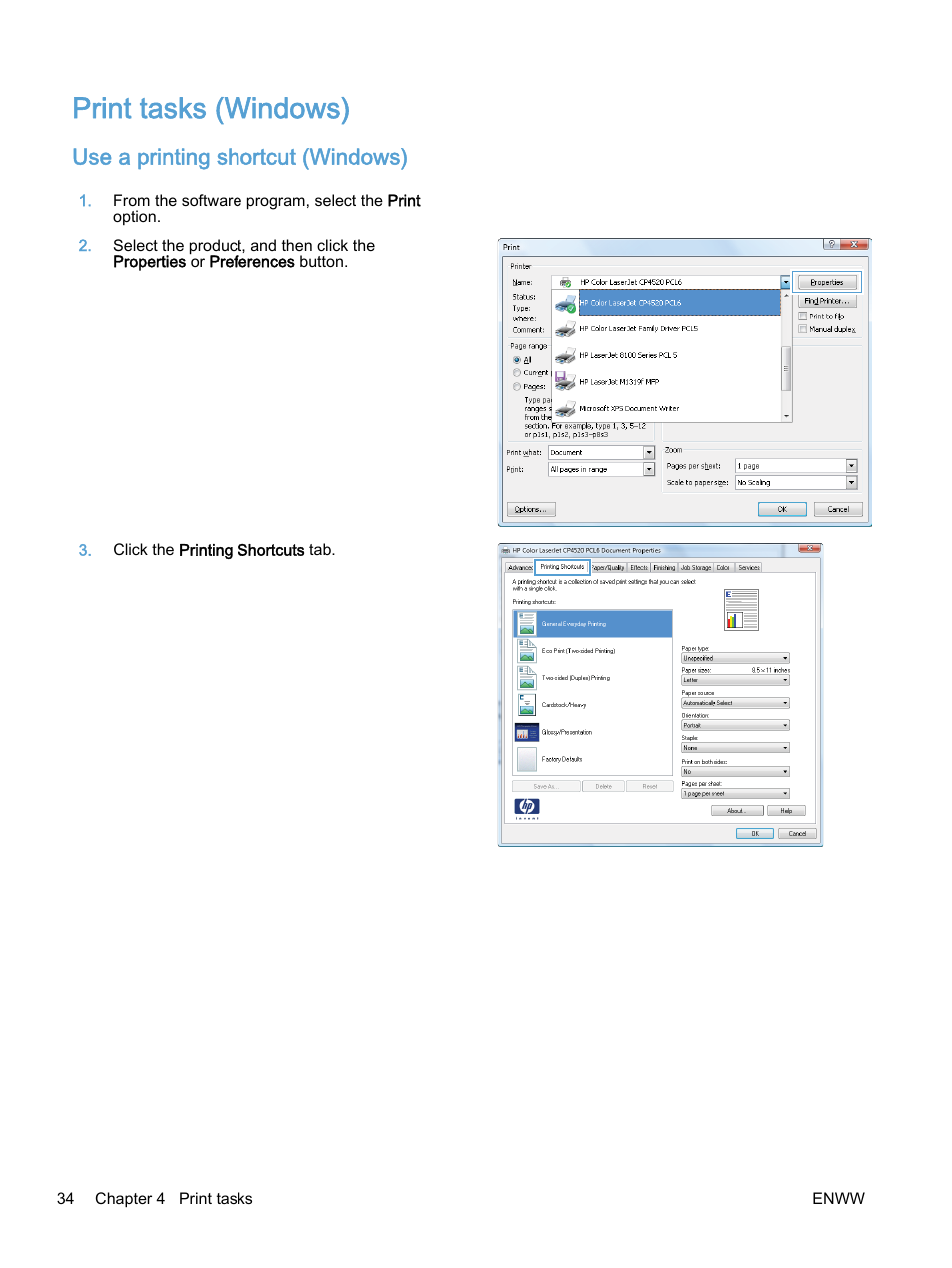 Print tasks (windows), Use a printing shortcut (windows) | HP Color LaserJet Enterprise M750 Printer series User Manual | Page 44 / 134