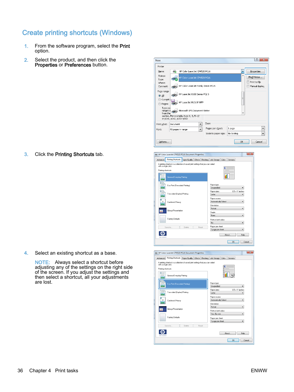 Create printing shortcuts (windows) | HP Color LaserJet Enterprise M750 Printer series User Manual | Page 46 / 134