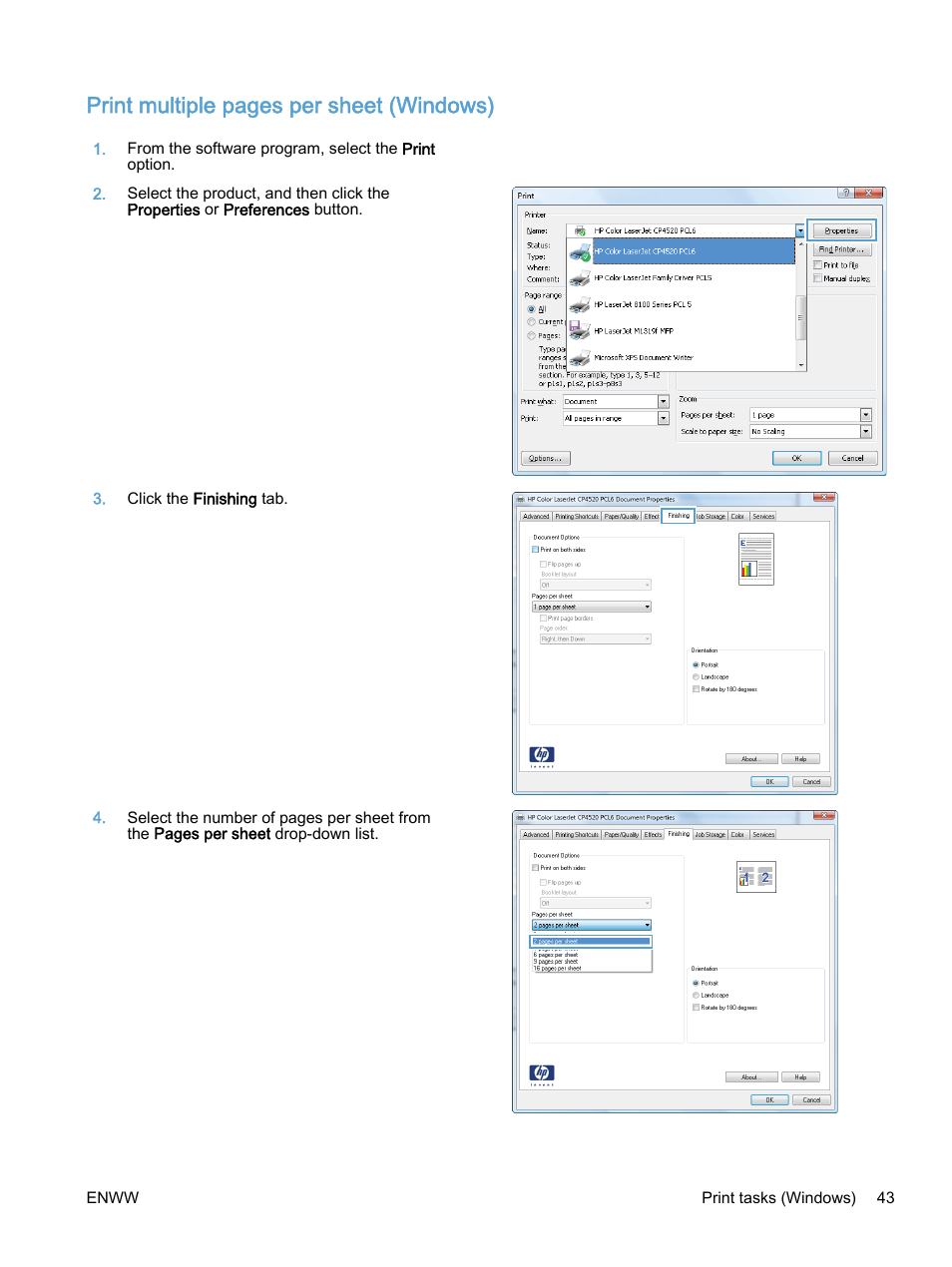 Print multiple pages per sheet (windows) | HP Color LaserJet Enterprise M750 Printer series User Manual | Page 53 / 134