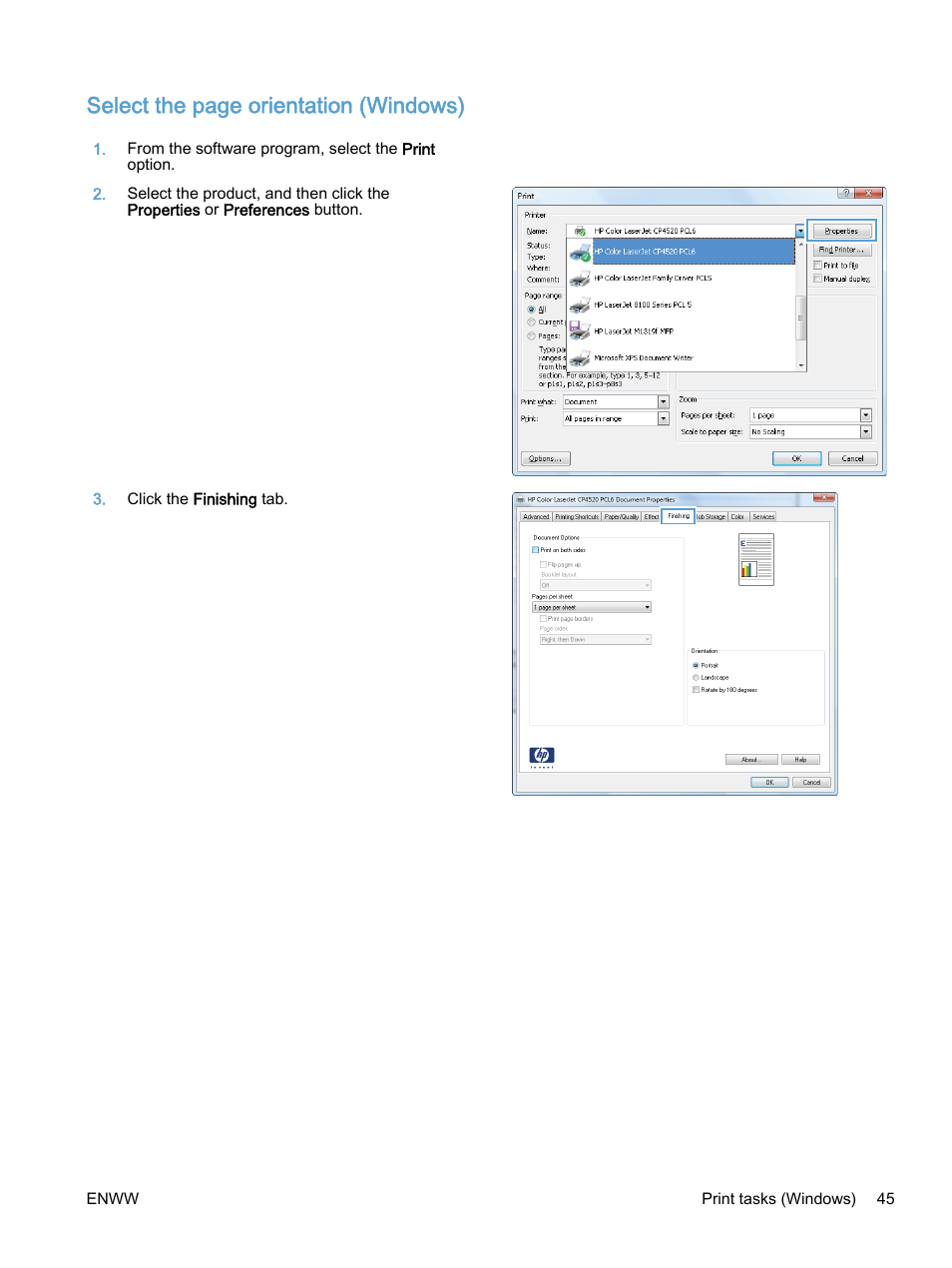 Select the page orientation (windows) | HP Color LaserJet Enterprise M750 Printer series User Manual | Page 55 / 134