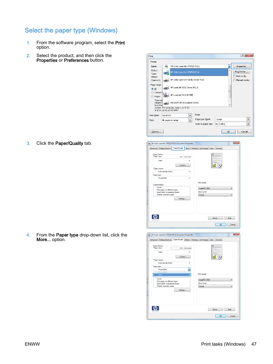 Select the paper type (windows) | HP Color LaserJet Enterprise M750 Printer series User Manual | Page 57 / 134