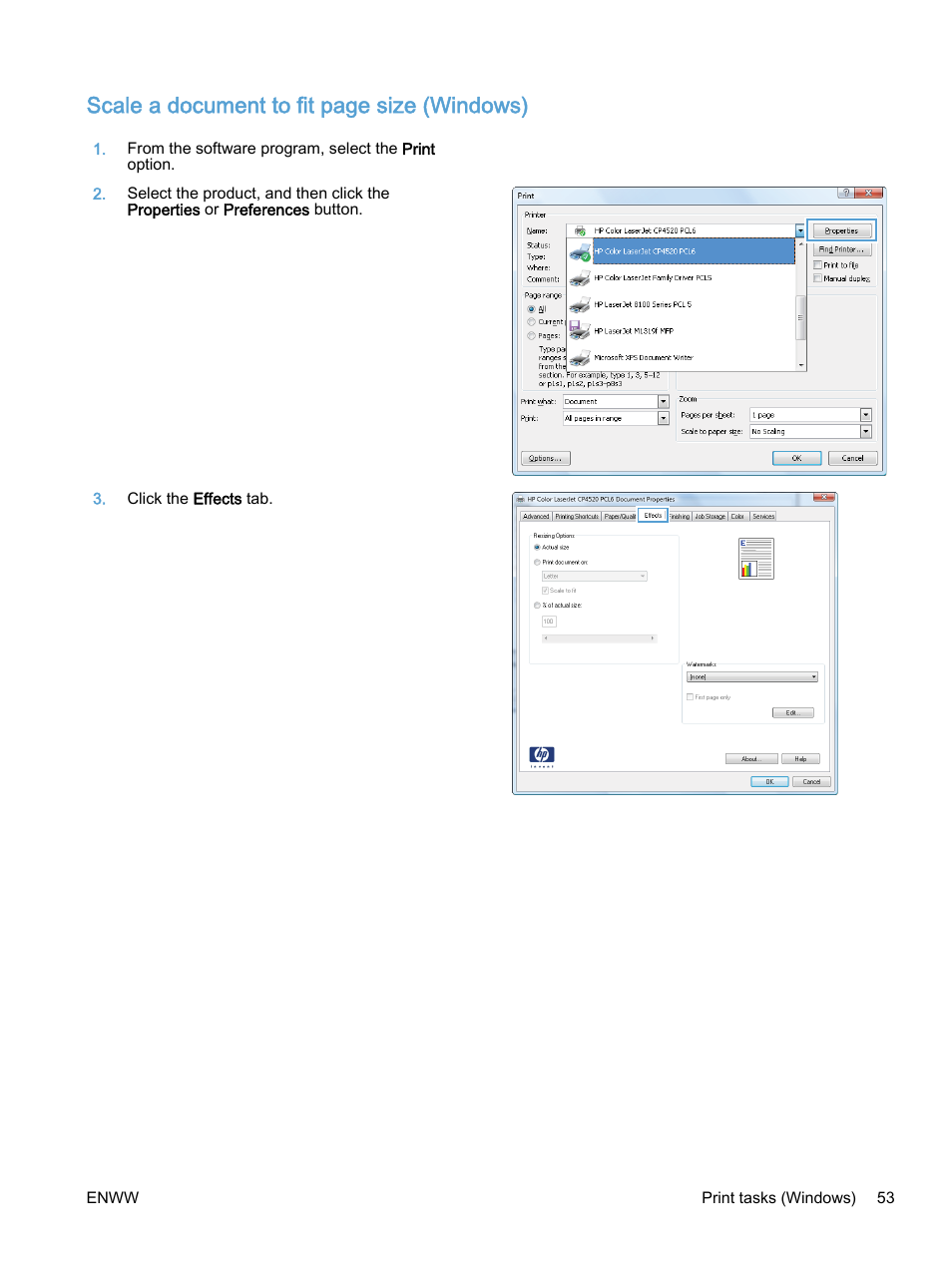 Scale a document to fit page size (windows) | HP Color LaserJet Enterprise M750 Printer series User Manual | Page 63 / 134
