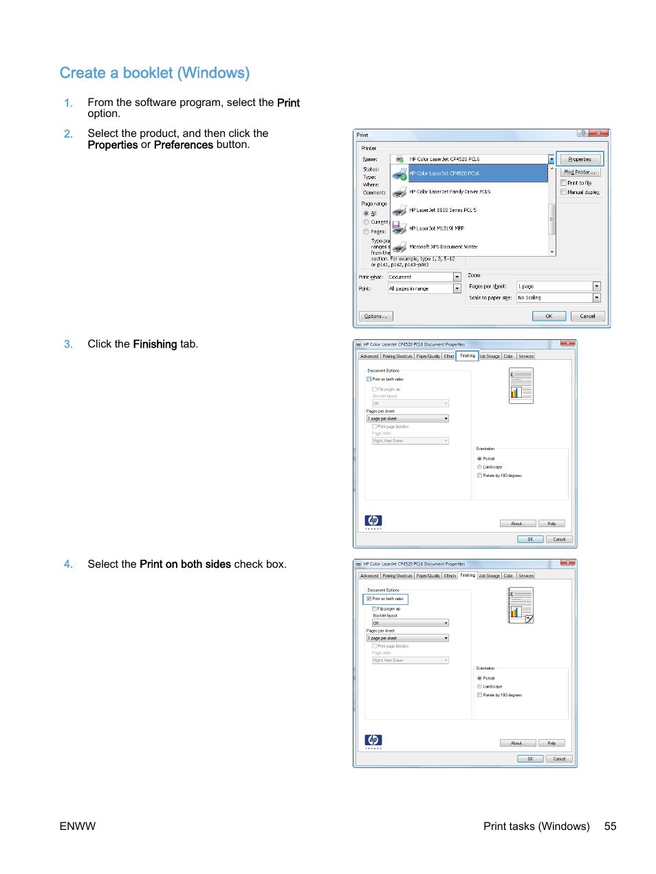 Create a booklet (windows) | HP Color LaserJet Enterprise M750 Printer series User Manual | Page 65 / 134