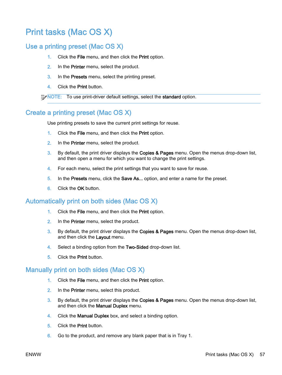 Print tasks (mac os x), Use a printing preset (mac os x), Create a printing preset (mac os x) | Automatically print on both sides (mac os x), Manually print on both sides (mac os x) | HP Color LaserJet Enterprise M750 Printer series User Manual | Page 67 / 134