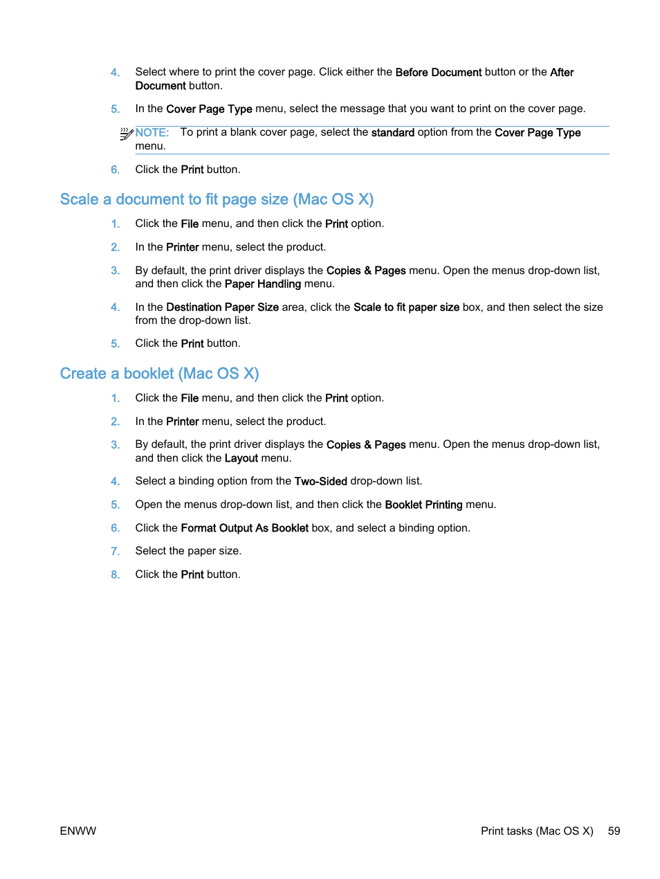 Create a booklet (mac os x), Scale a document to fit page size (mac os x) | HP Color LaserJet Enterprise M750 Printer series User Manual | Page 69 / 134