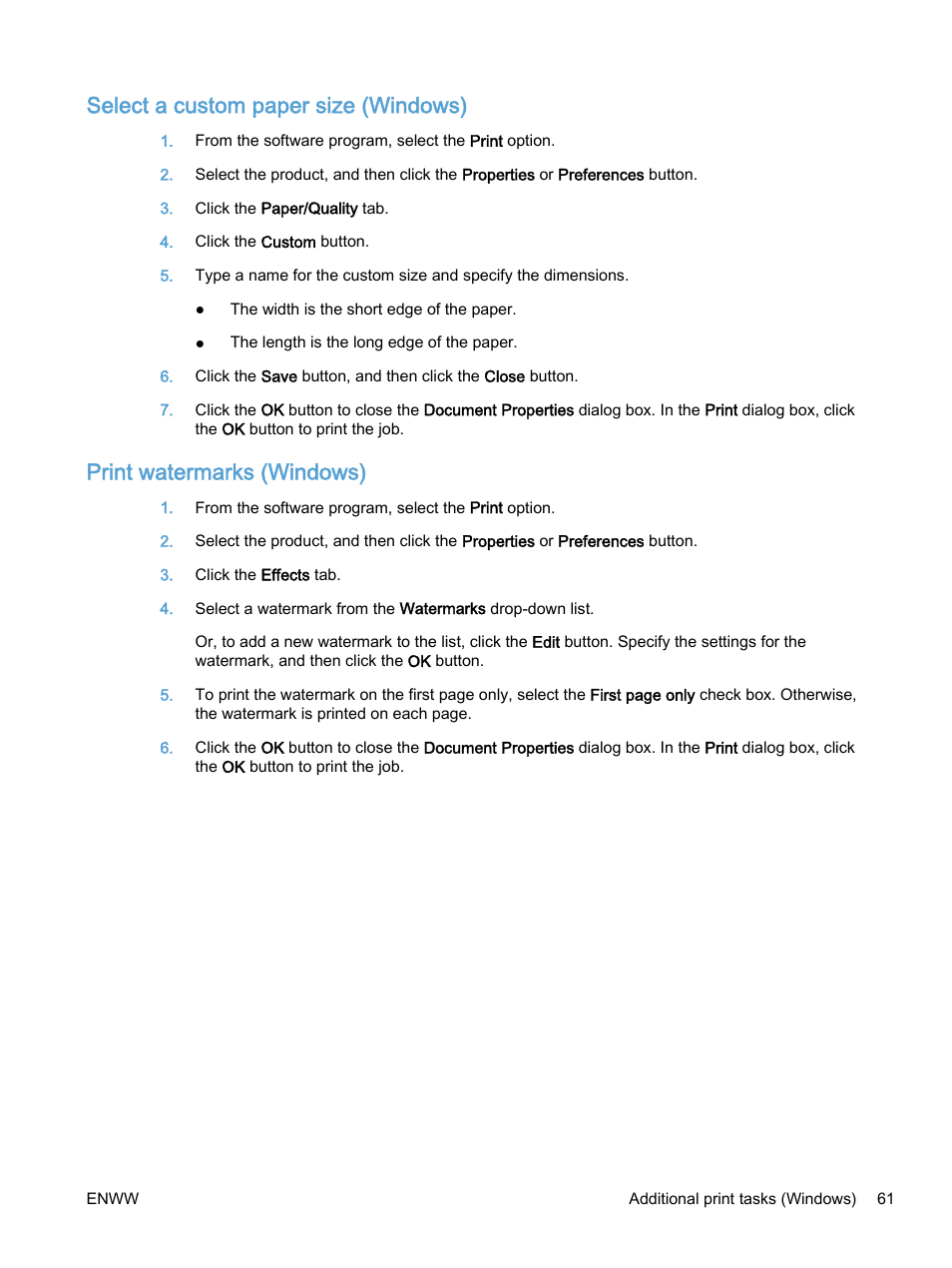 Select a custom paper size (windows), Print watermarks (windows) | HP Color LaserJet Enterprise M750 Printer series User Manual | Page 71 / 134