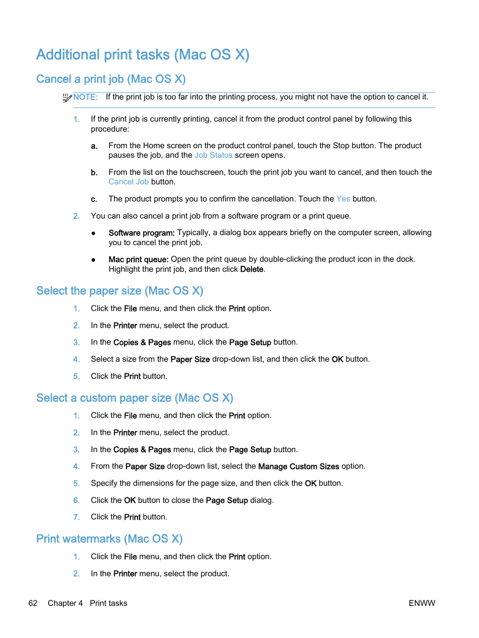 Additional print tasks (mac os x), Cancel a print job (mac os x), Select the paper size (mac os x) | Select a custom paper size (mac os x), Print watermarks (mac os x) | HP Color LaserJet Enterprise M750 Printer series User Manual | Page 72 / 134