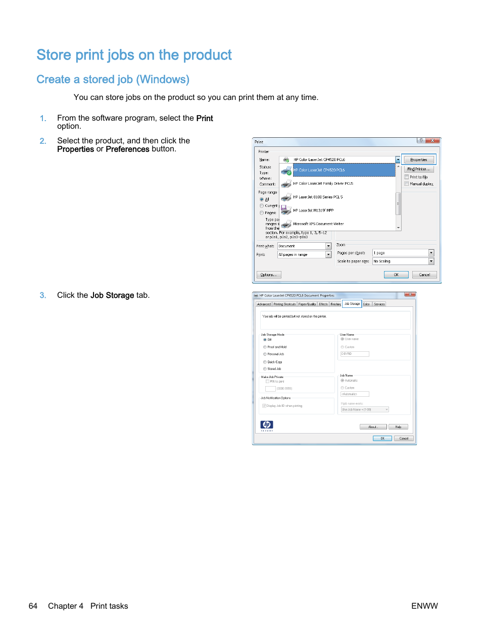 Store print jobs on the product, Create a stored job (windows) | HP Color LaserJet Enterprise M750 Printer series User Manual | Page 74 / 134