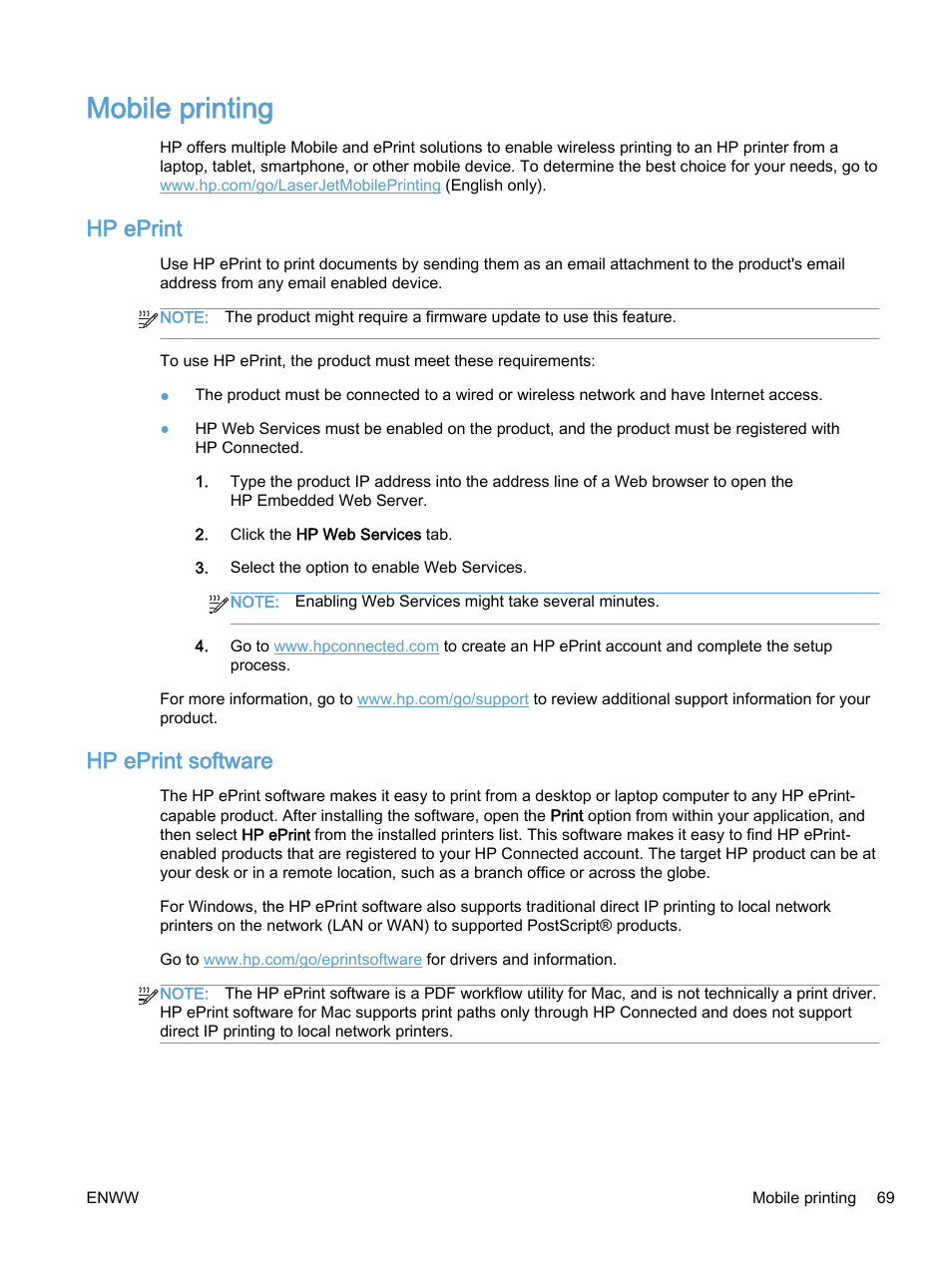 Mobile printing, Hp eprint, Hp eprint software | Hp eprint hp eprint software | HP Color LaserJet Enterprise M750 Printer series User Manual | Page 79 / 134